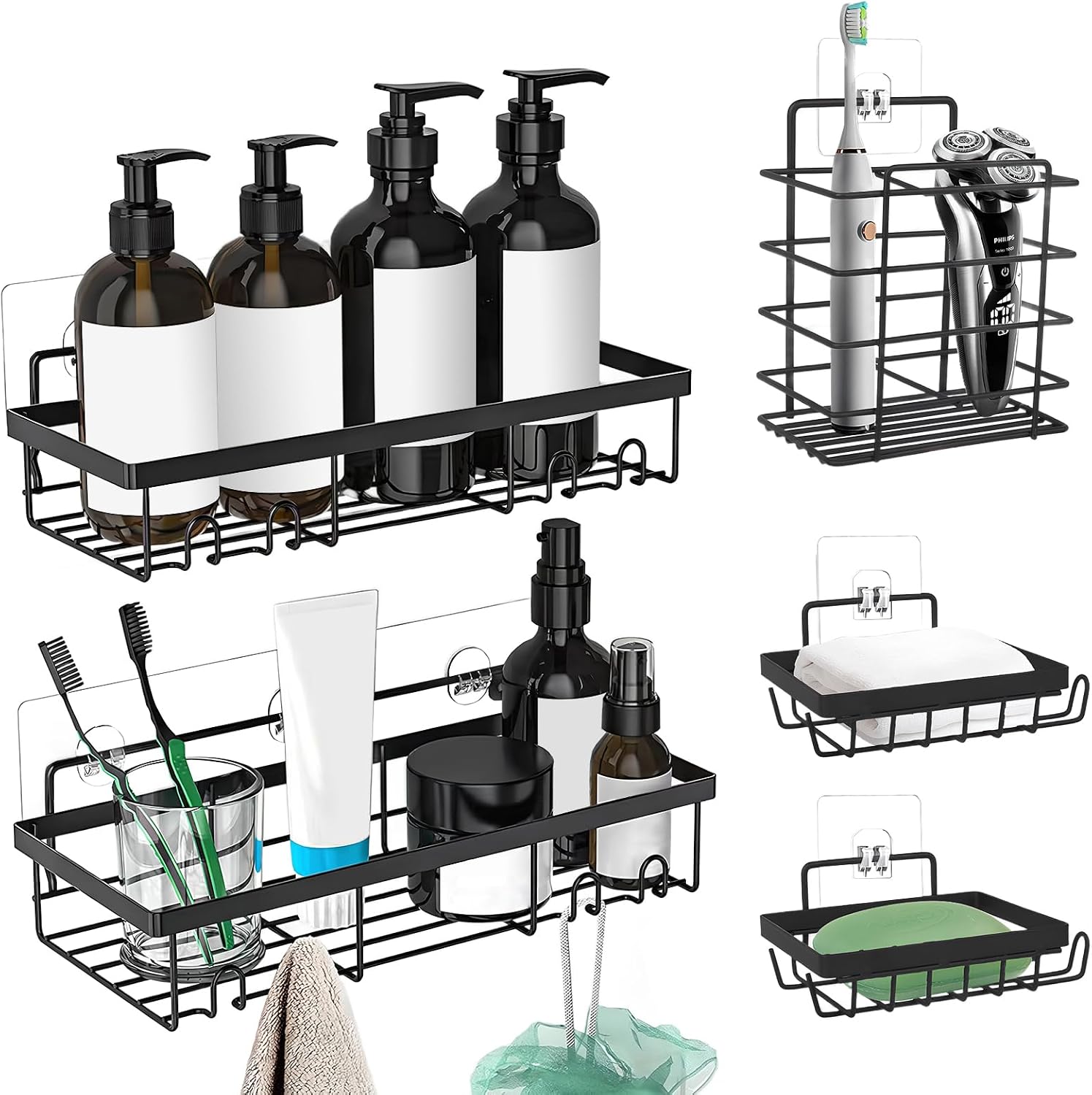 5er-set Duschablagen (ohne Bohren) – Edelstahl – Mit Zahnpastahalter Und 2 Seifenschalen – Badezimmerregal Für Shampoo Und Duschgel – Schwarz