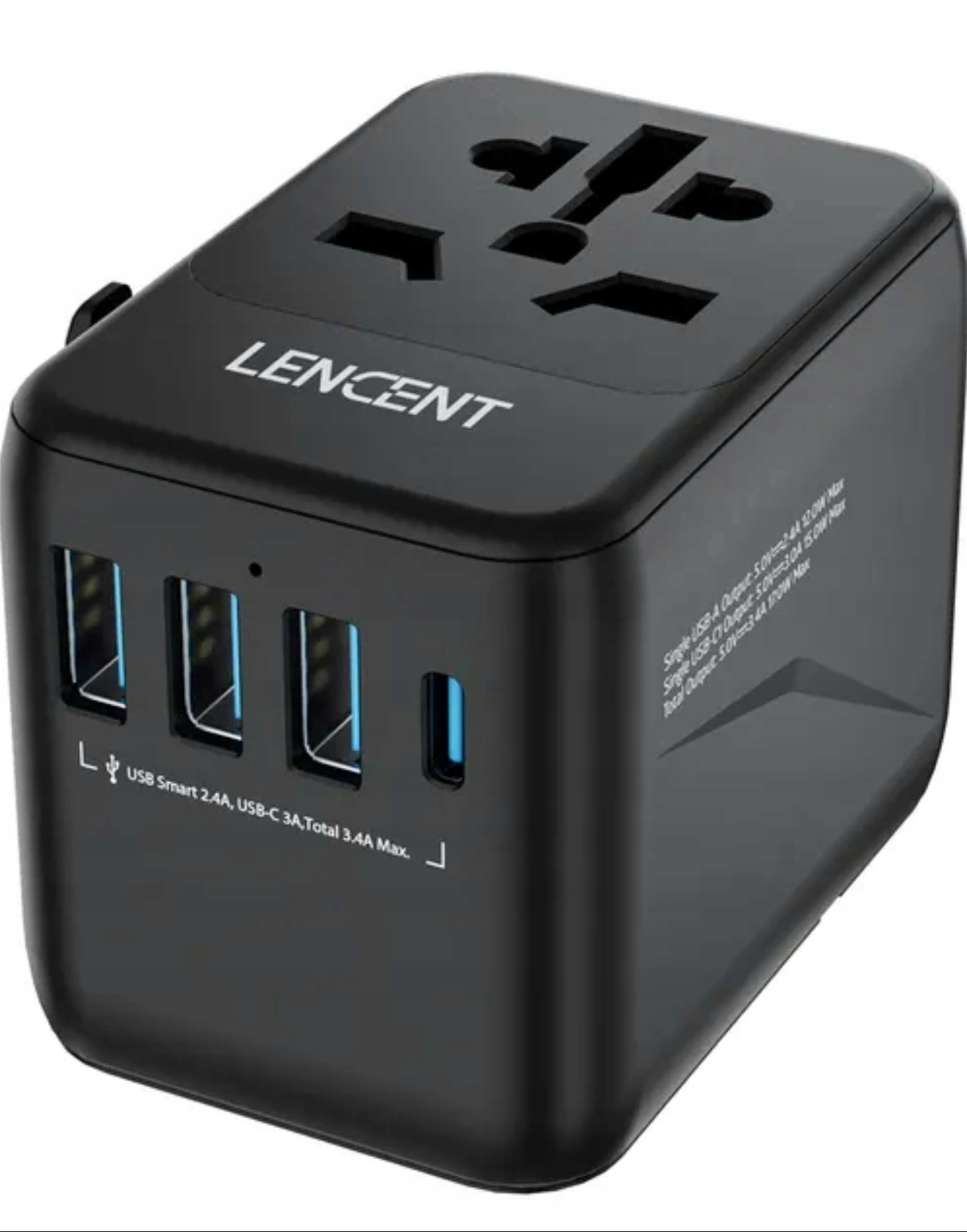 Schwarzer Reiseadapter Mit Lencent-stecker, 4 Usb-ladegeräte Inklusive 1 Usb-c-ladegerät