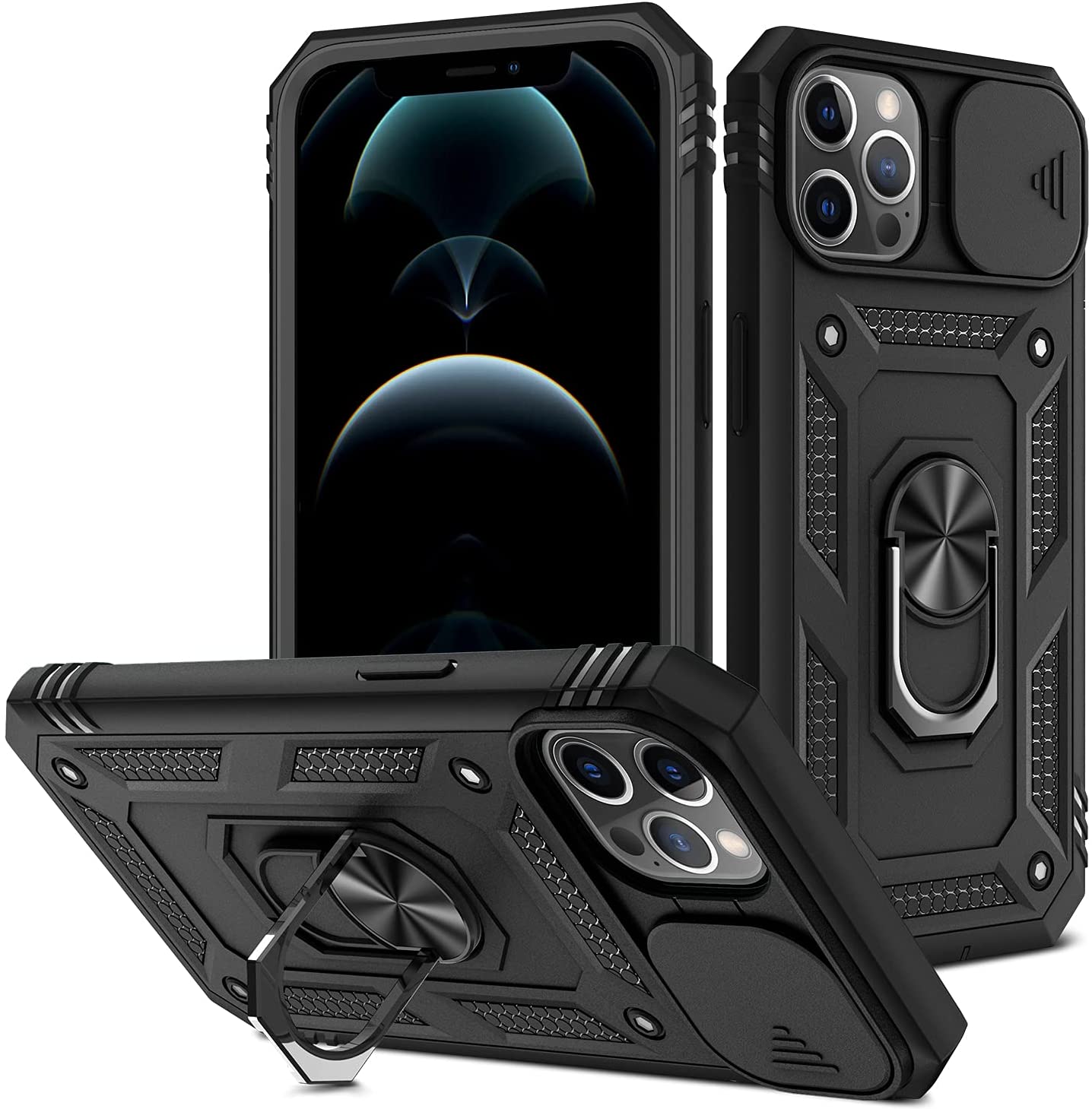 Iphone 12 Hülle Slide Armor Defender Schwarzer Ring + Glas