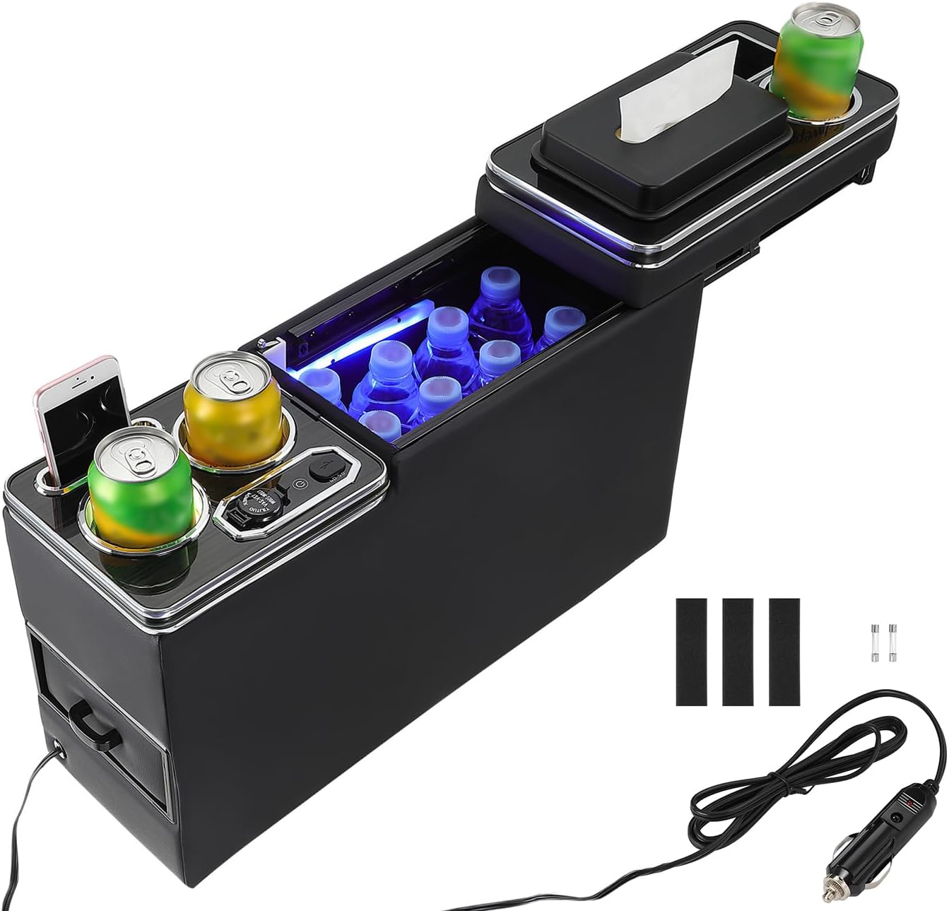 Centre Console With Usb Charging Station And Cup Holder For Vw T4 T5 T6 T6.1 T7 7-colour Ambient Lighting, Black Faux Leather With Chrome Trims, Cigarette Lighter, Practical Tissue Holder