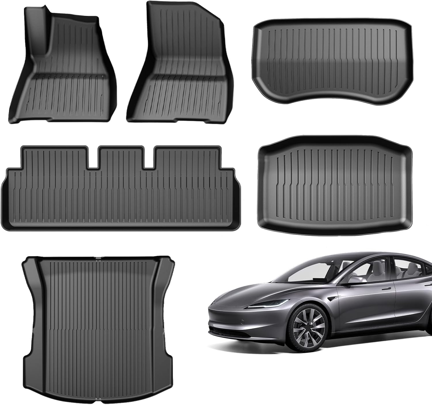 Floor Mats For Tesla Model 3 2017-2024, Includes Highland, All Weather Tpe Rubber Mats, Waterproof & Non-slip, 3d Scan Made, Extra High Edge, Interior Protective Mats, Black, 6 Pieces