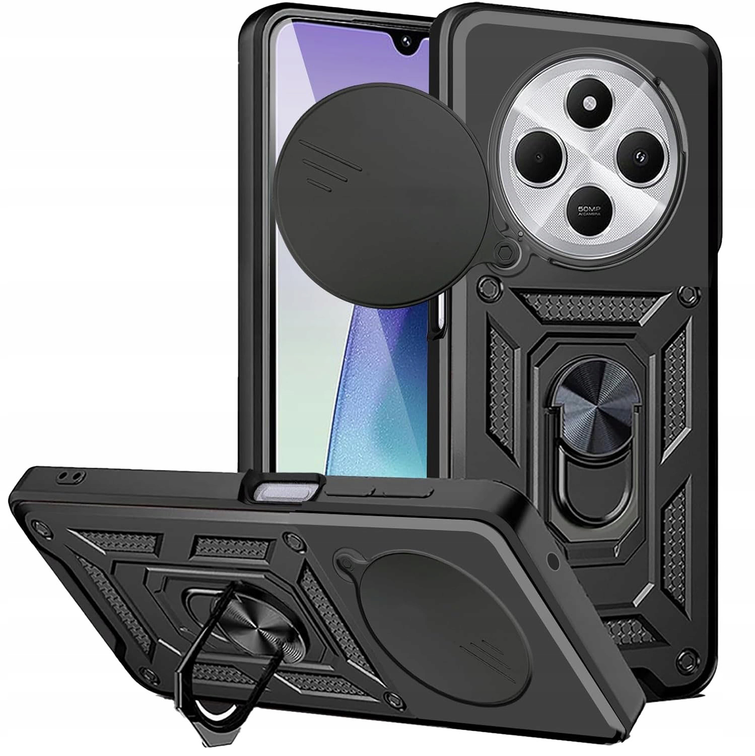 Schutzhülle Für Xiaomi Redmi 14c Defender Slide Ring Case Back + Gehärtetes Glas