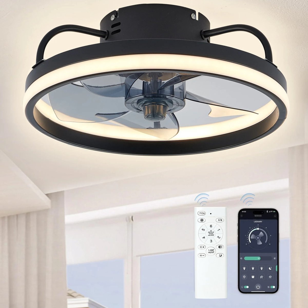 Schwarzer Deckenventilator Mit Beleuchtung – Deckenventilatorlampe – Kronleuchterventilator – Led-lampe – Leiser Ventilator – Fernbedienung – Dimmbar – Wohnzimmerlampe – Ventilatorbeleuchtung – Schlaf