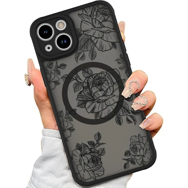 Hülle Für Iphone 15 [kompatibel Mit Magsafe] Schwarze Schutzhülle Mit Blumenmuster Für Damen Und Mädchen, Weicher Tpu-bumper, Harte Pc-rückseite, Kratzfest...