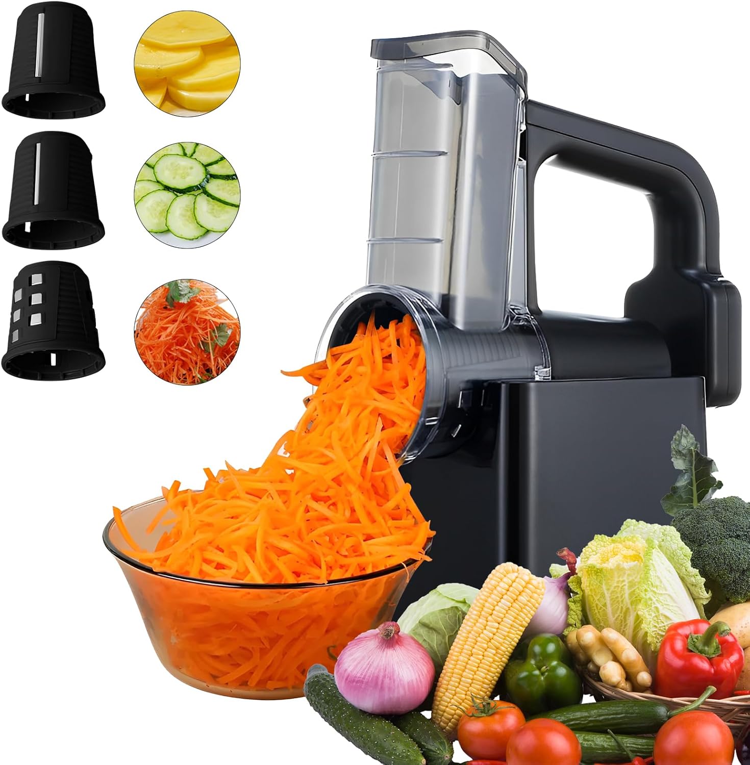 Elektrische Gemüsereibe, Karottenreibe, Elektrischer Zerkleinerer Elektrischer Salatbereiter, Obstschneider Für Käse, Kartoffeln, Gurken, Mit Mehreren Austauschbaren Klingen