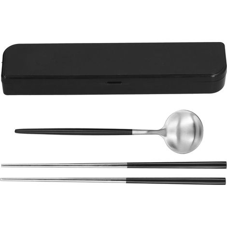 Tragbares Edelstahl-besteckset – Gabel Und Essstäbchen, Ideal Für Schule, Reisen Und Outdoor-aktivitäten – Schwarz Und Silber