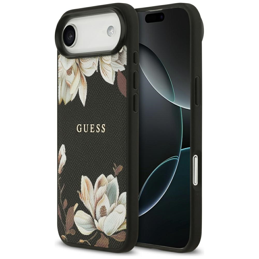 Guess Grained Flowers Classic Logo Magsafe Hülle Für Iphone Air Schwarz