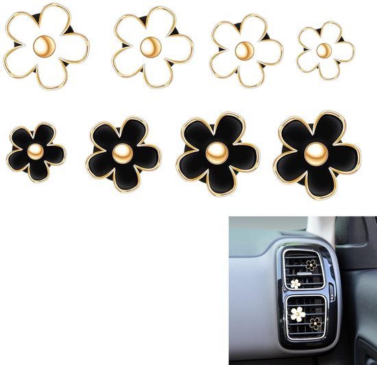 8er Pack Auto Lüftungsgitter Dekorblumen, Autoclips, Auto Lüftungsgitter Dekoration Im Auto, 4 Größen, Weiß, Schwarz (ohne Dufttabletten)