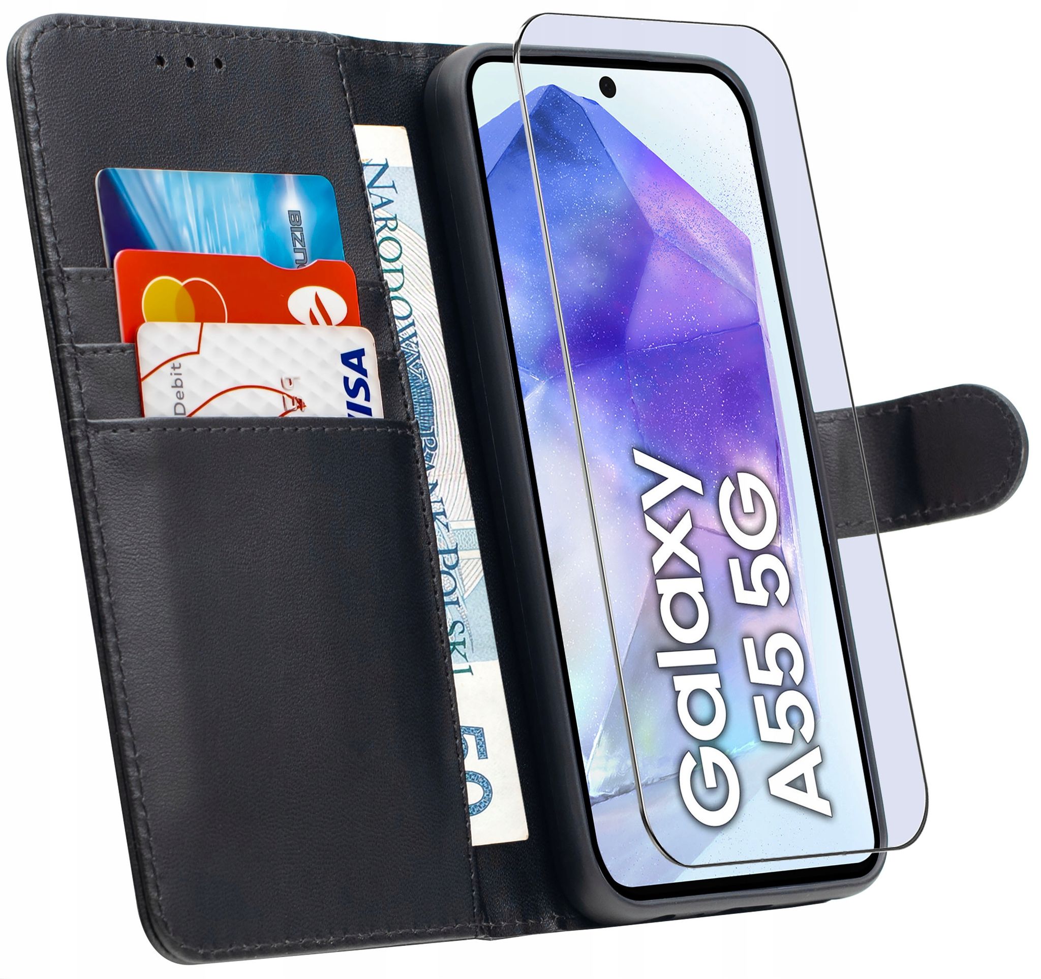 Schutzhülle Für Samsung Galaxy A55 5g, Geschlossene Smart-book-hülle Mit Brieftaschenfunktion Und 9h-glas