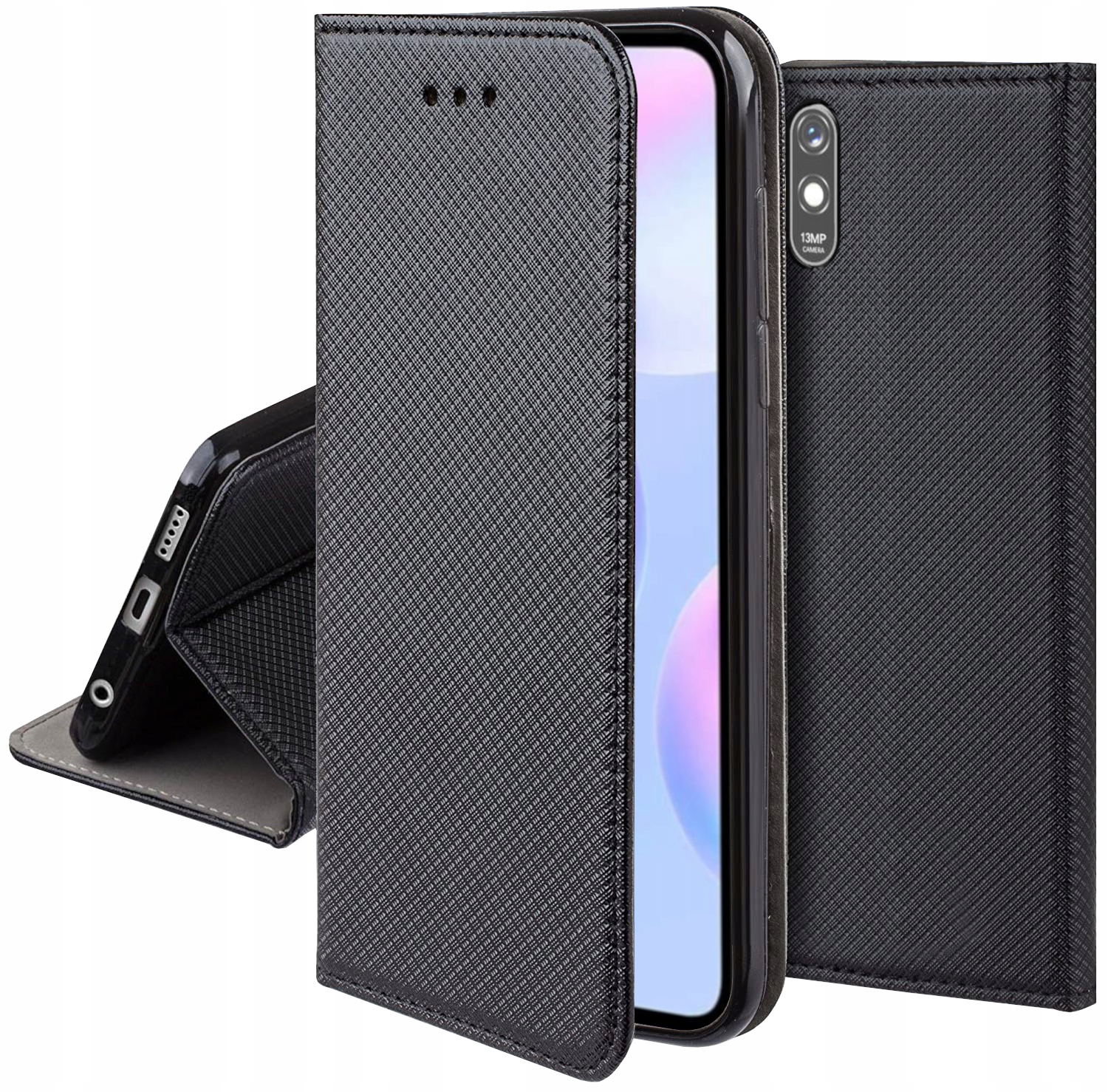 Schutzhülle Für Xiaomi Redmi 9a / 9at / 9i Smart Book Case Schwarz Wallet + Glas