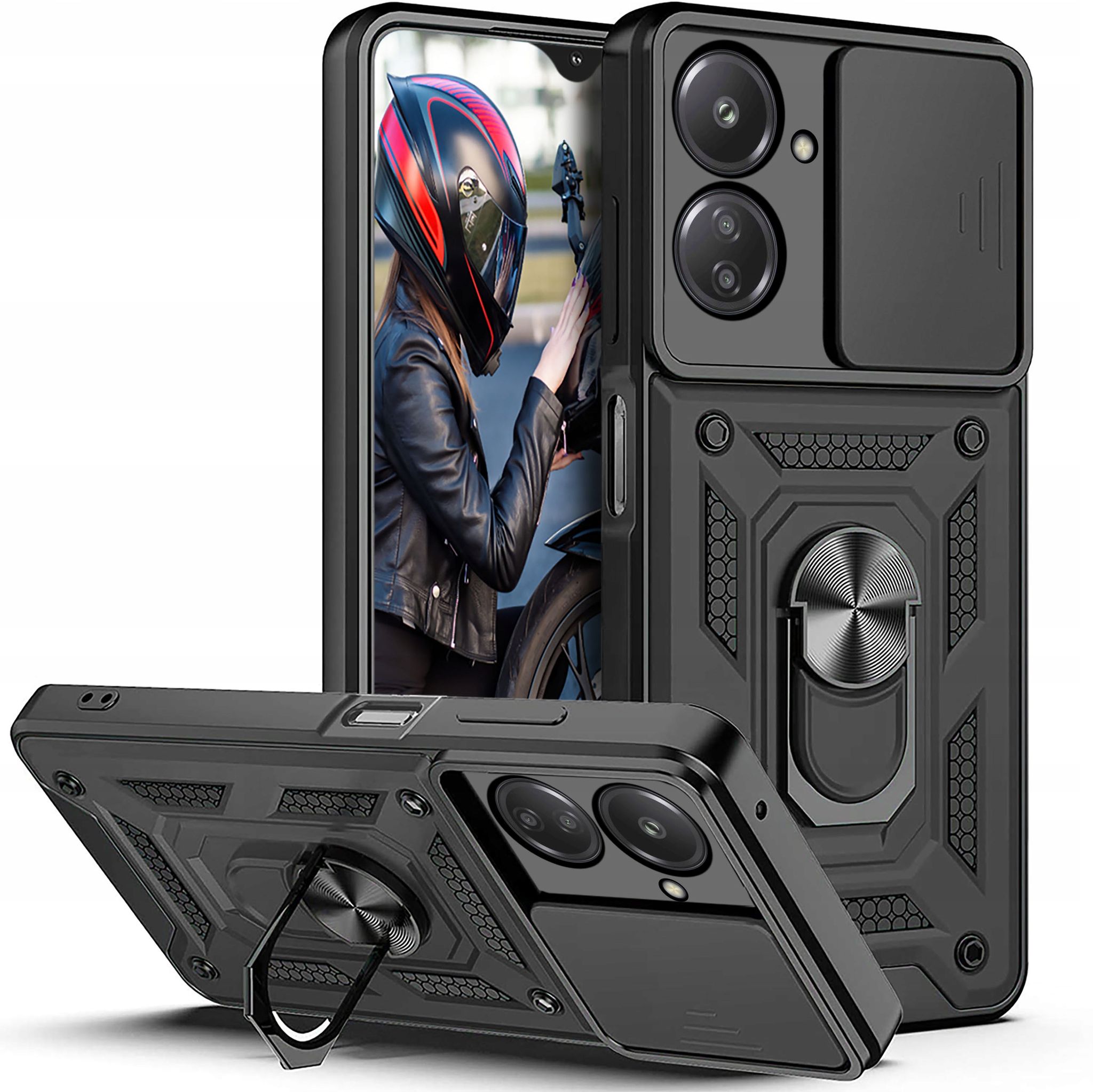 Schutzhülle Für Xiaomi Redmi 13c 4g / Poco C65 Armor Slide Ring Back + Glas