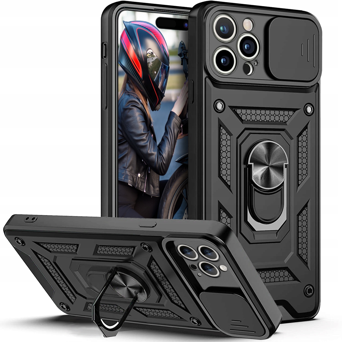 Hülle Für Iphone 14 Pro Armor Slide Ring Schwarz + Glas