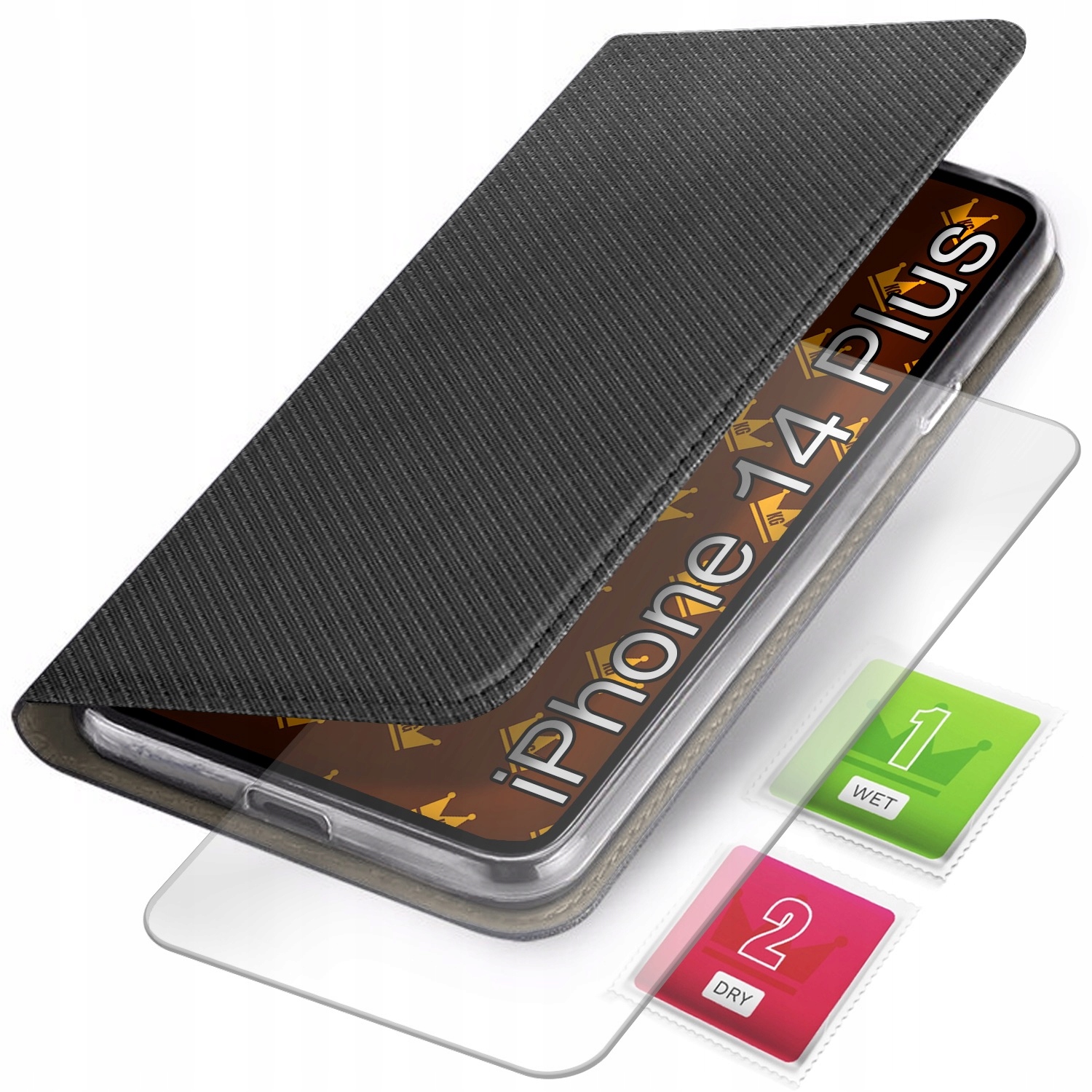 Iphone 14 Plus Schwarzes Geschlossenes Flip-case + Glas