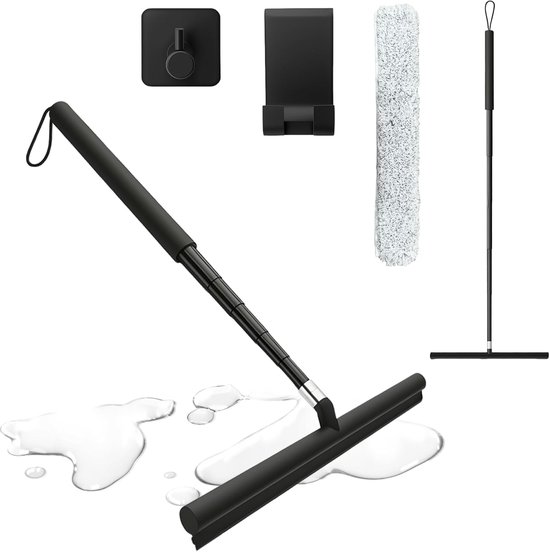 Teleskop-duschabzieher – 30 Bis 124 Cm – Inkl. Mikrofasertuch Und 2 Halterungen – Edelstahl – Ausziehbar – Für Bad Und Fenster – Schwarz