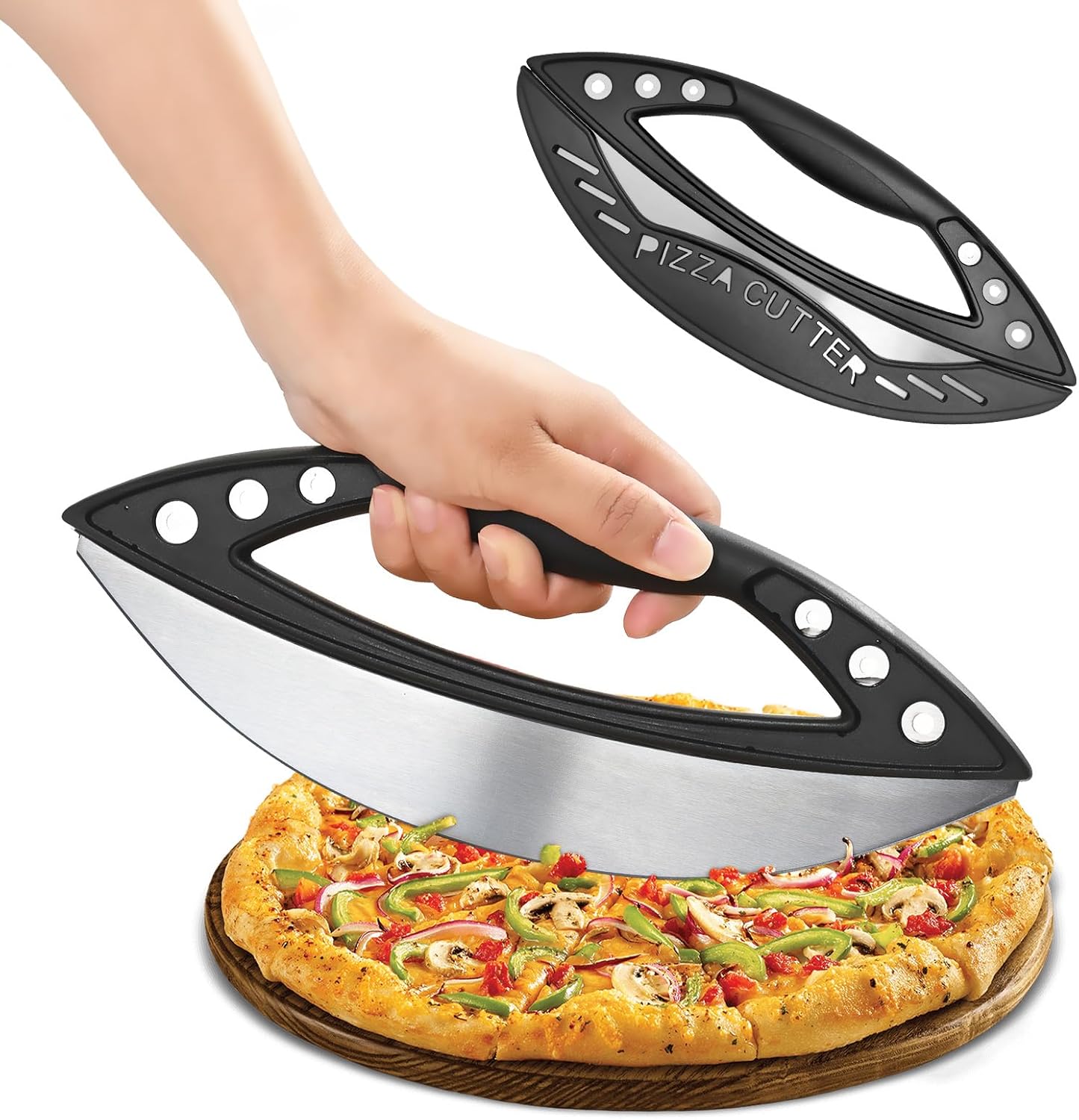 Pizzaschneider (29 Cm) Mit Schutzhülle, Klinge Aus Edelstahl 6 Vanille-schneidelöcher, Ergonomischer, Rutschfester Griff. Geeignet Zum Schneiden Von Pizza, Brot Und Verschiedenen Kräutern.