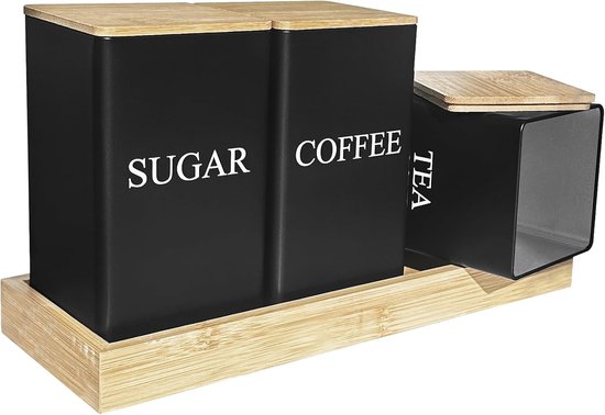 3er-set Tee-/kaffee-zuckerdosen – Für Schwarztee, Kaffee Und Zucker – Aufbewahrungsbehälter Aus Metall Mit Luftdichtem Bambusdeckel Und Tablett