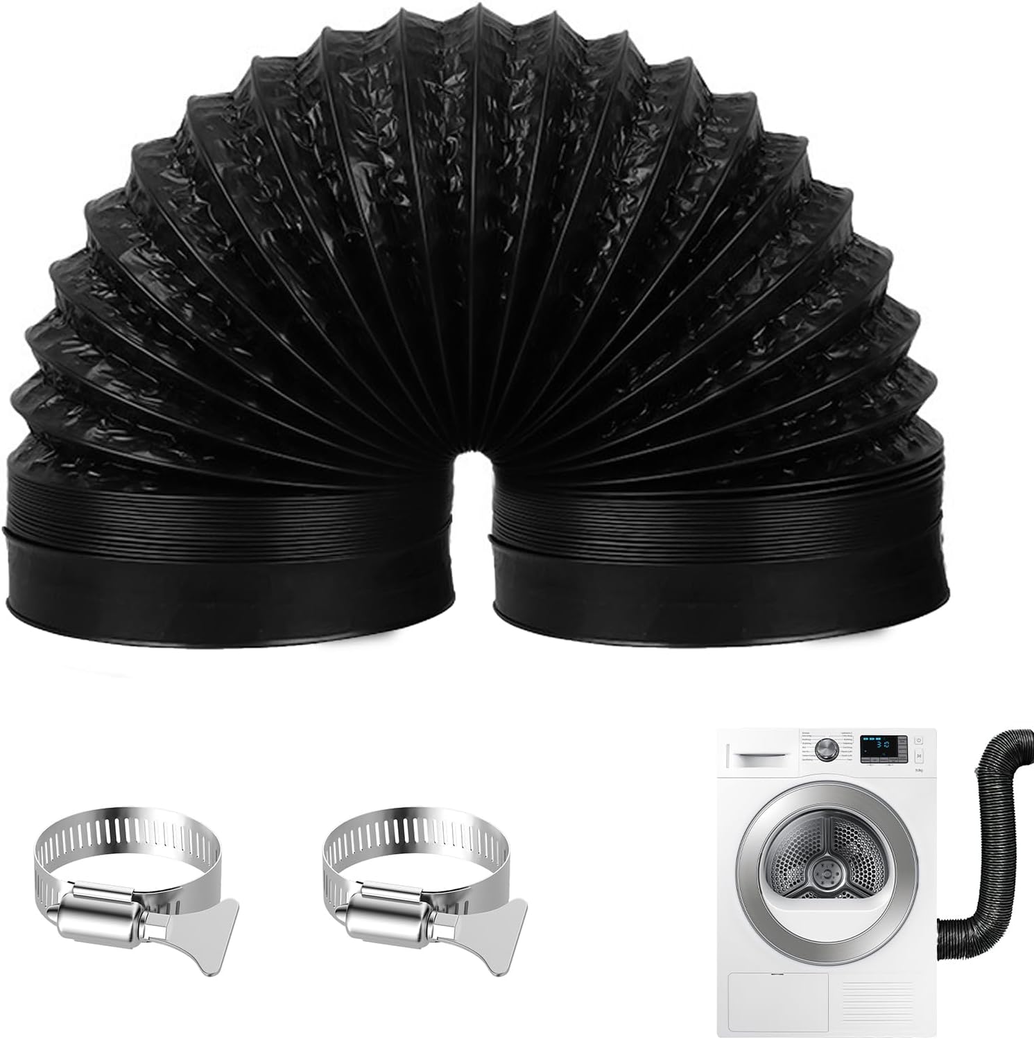 100-mm-abluftschlauch Für Wäschetrockner – 2 M Länge, Schwarz, Mit 2 Edelstahl-schlauchschellen