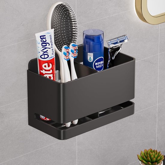 Badezimmer-aufbewahrungsregal Mit Trennwänden Und Abnehmbarer Tropfschale, Bohrfrei, Für Zahnbürsten, Rasierutensilien Und Kosmetikartikel, Schwarz