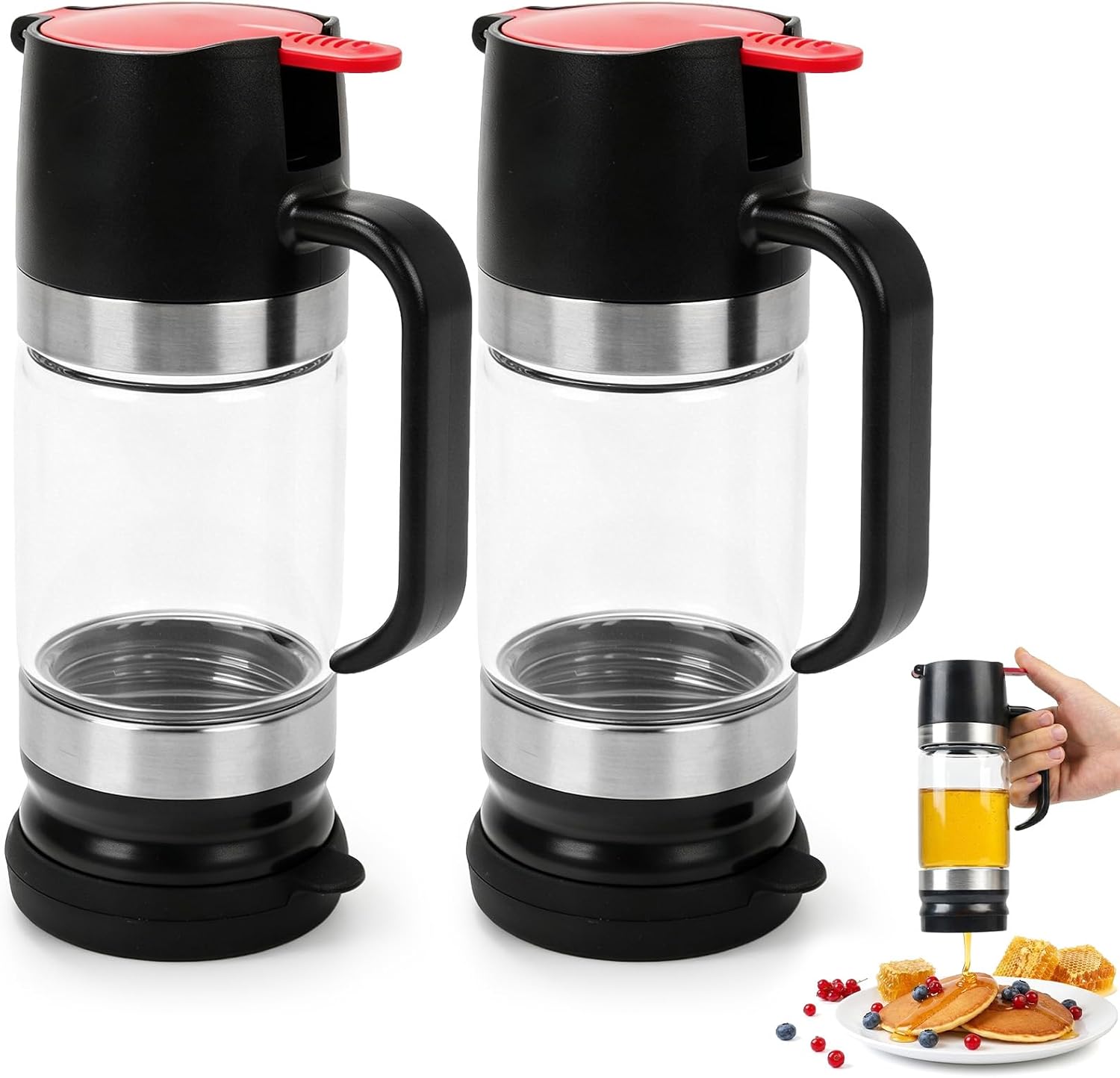 Honigspender Aus Glas, 315 Ml, Tropffreies Honigglas Mit Griff, Tropffreier Honigspender Mit Ständer, Sirupspender Aus Glas Für Honig Und Sirup, Schwarz (2, Schwarz)