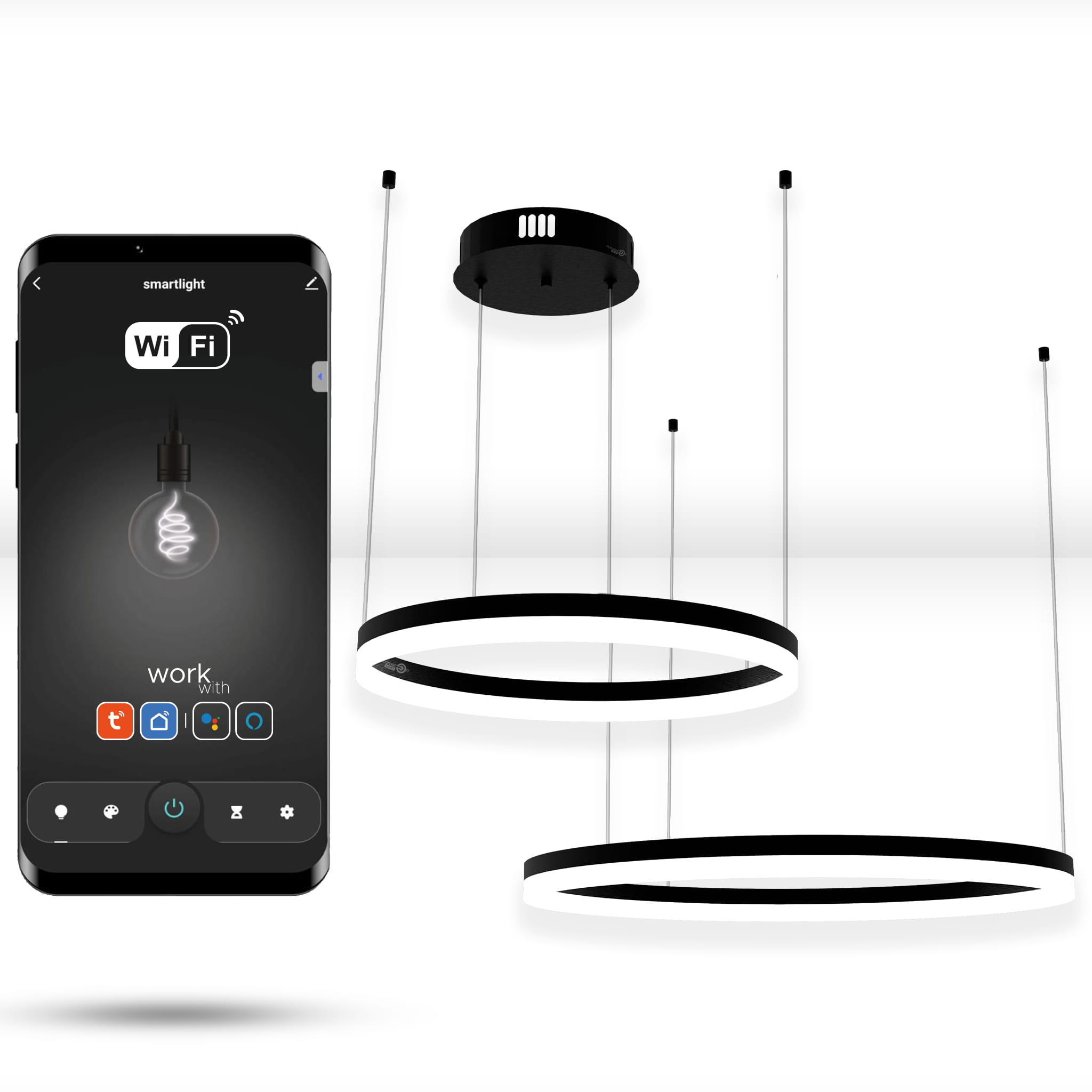 Tuya Wifi-rundlampe 60 Cm + 40 Cm Led Schwarzer Aufhängering