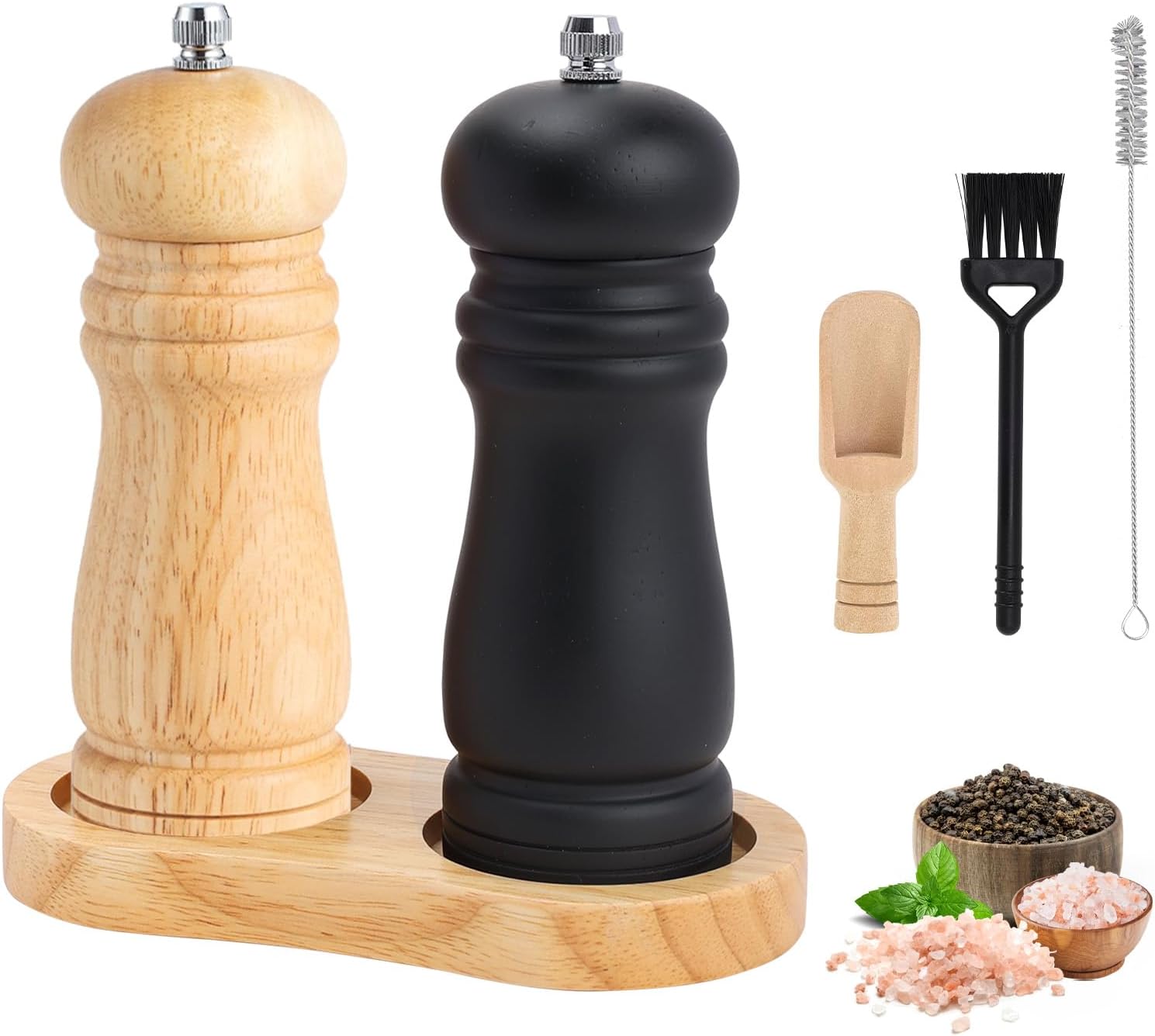 Salz- Und Pfeffermühle Aus Holz Mit Ablage, 15 Cm Manuelle Salz- Und Pfefferstreuer (2 Stück), Einstellbarer Grober Und Feiner Mahlgrad, Keramikrotor, Für Chili, Pfeffer, Salz (holz + Schwarz)