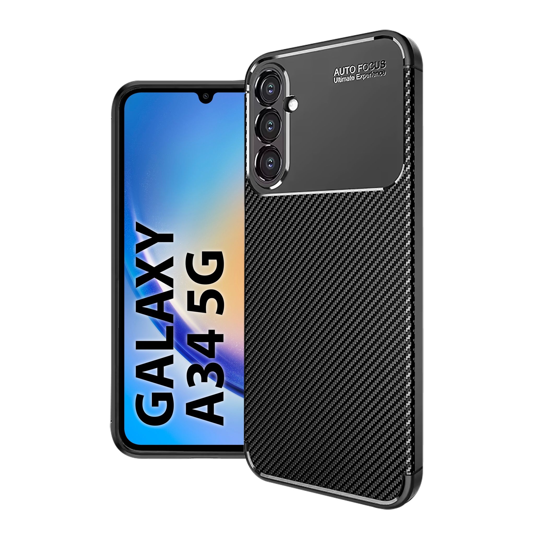 Schutzhülle Schwarz Für Samsung A34 5g, Gepanzerte Carbon-hülle + Glas