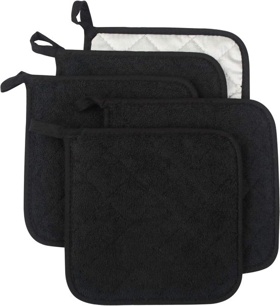 Küchenhandschuh Set Hitzebeständige Ofenhandschuhe Kochen & Backen 100 % Baumwollfrottee 5 Teilig Schwarz