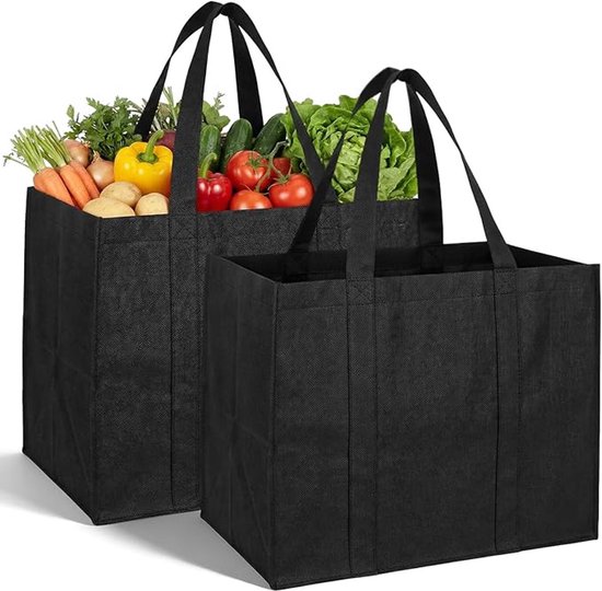 Set Mit 2 Luxuriösen Xl-einkaufstaschen (41 X 33 X 26 Cm, Max. 30 Kg Tragkraft), Faltbar Und Freistehend, Schwarz