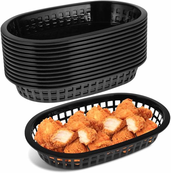 Set Mit 12 Schwarzen Snackkörben Wiederverwendbare Ovale Brotkörbe Aus Kunststoff (23 Cm) Für Hamburger, Pommes, Hotdogs, Sandwiches, Obst Und Sü