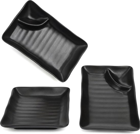 Japanische Teigtaschenteller, 3er-set Mit Soßenfach, Rechteckige Servierschalen Aus Schwarzem Melamin, 19 X 11,5 Cm, Für Sushi-rollen, Vorspeisen Und Snacks