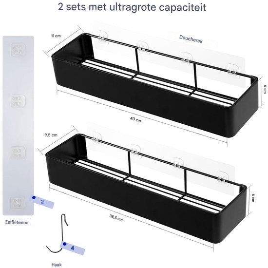 Schwarze Duschablage, 2er-pack, Ablagen, Kein Bohren Erforderlich, Edelstahl, Schnelltrocknend, Großes Fassungsvermögen, 4 Haken, Duschregal-organizer
