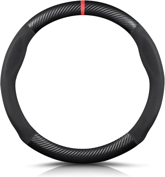 Runder Lenkradbezug Aus Carbonfaser Und Mikrofaser – Rutschfest, Atmungsaktiv Und Schweißabsorbierend, Passend Für 38-cm-lenkräder, Schwarz-rot