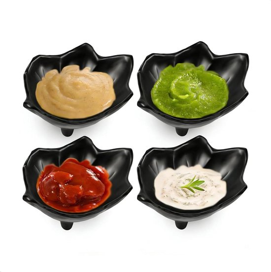 Dipschalen-set – Saucenschalen – Snackschalen – Blattförmiges Design – 4-teilig, 10 Cm – Schwarz