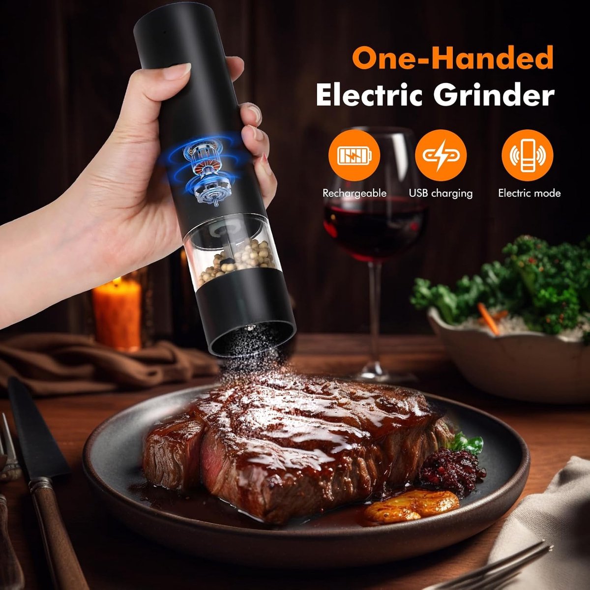 Elektrische Pfeffer- Und Salzmühle – Usb-aufladbare Elektrische Pfeffermühle – Gewürzmühle – Mit Aufbewahrungsbasis – Mit Waschbarem Behälter – Für Küche/picknick/grill – Schwarz