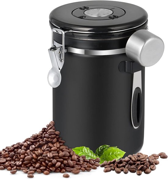 Kaffeedose – Luftdicht – Edelstahl – Kaffeebehälter – 1,8 L – Mit Messlöffel Und Datumsanzeige – Aufbewahrungsbehälter Für Kaffeebohnen – Schwarz