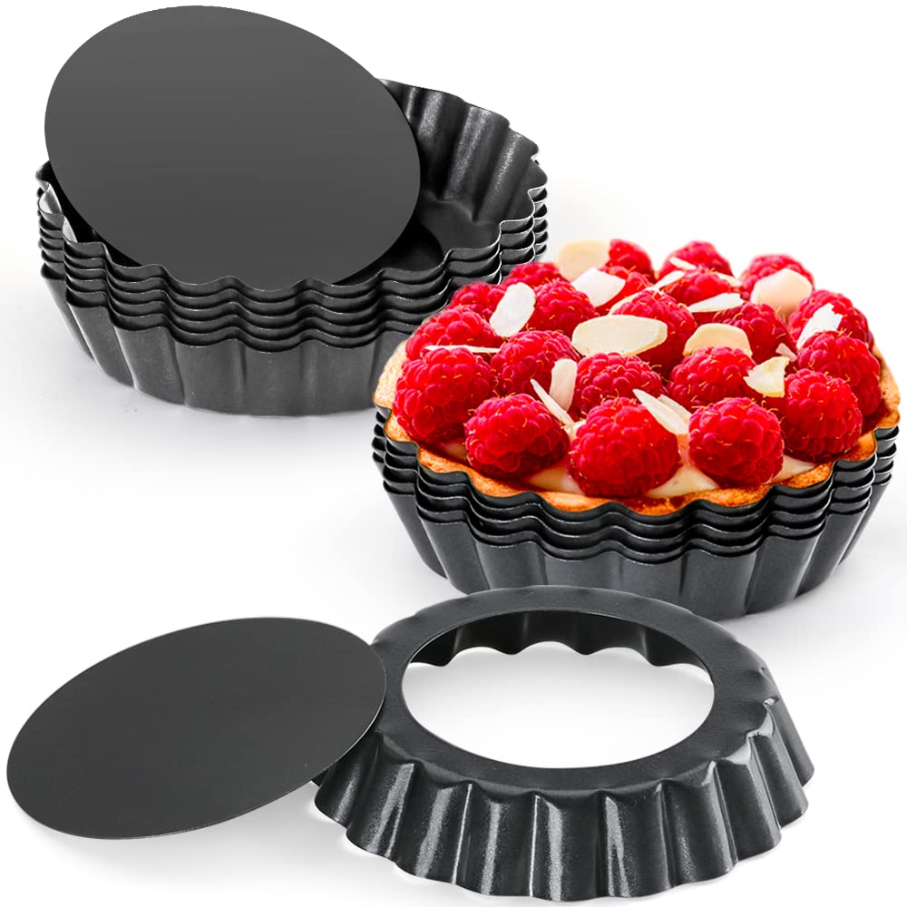 Set Mit 12 Mini-törtchenformen (10 Cm Durchmesser), Antihaftbeschichtet, Mit Herausnehmbarem Boden, Wiederverwendbar, Für Eierkuchen, Quiches, Kuchen, Käsekuchen Und Desserts.