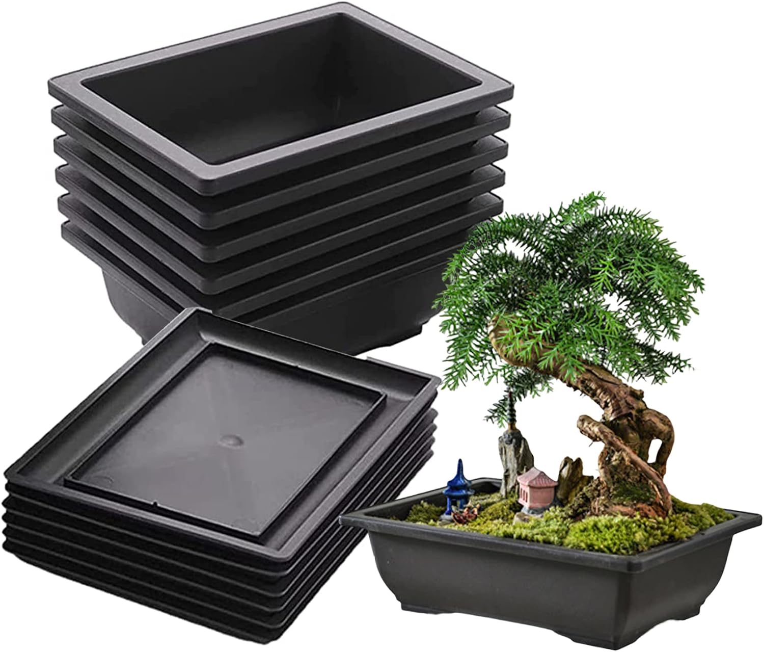 Blumentopf Und Tabletts, 12er-set, Kunststoff-bonsai-übungstöpfe, Rechteckiger Blumentopf Mit Tablett, Gartengerät, Pflanzgefäß Für Wohnzimmer, Büro
