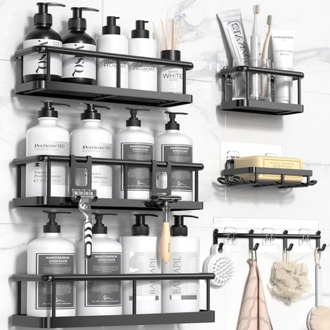 100 % Rostfreier Duschorganizer Mit Seifenschale, Set Mit 6 Großen Duschablagen Für Die Dusche, Badezimmeraufbewahrung Und Accessoires Ohne Bohren Für Die Küche