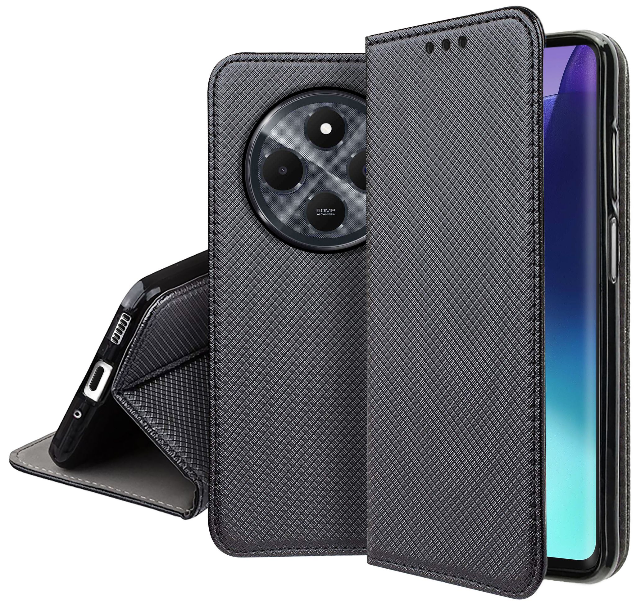 Schutzhülle Für Xiaomi Redmi 14c: Smart Magnet Case, Geschlossene Geldbörse + Schutzglas