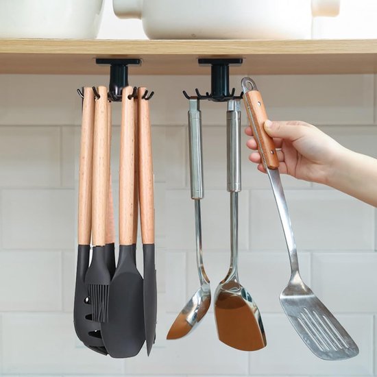 Set Mit 2 Um 360° Drehbaren Küchenutensilienhaltern Ohne Bohren – Aufbewahrungsregal Mit 6 Haken Für Küche, Bad Und Kleiderschrank, Schwarz
