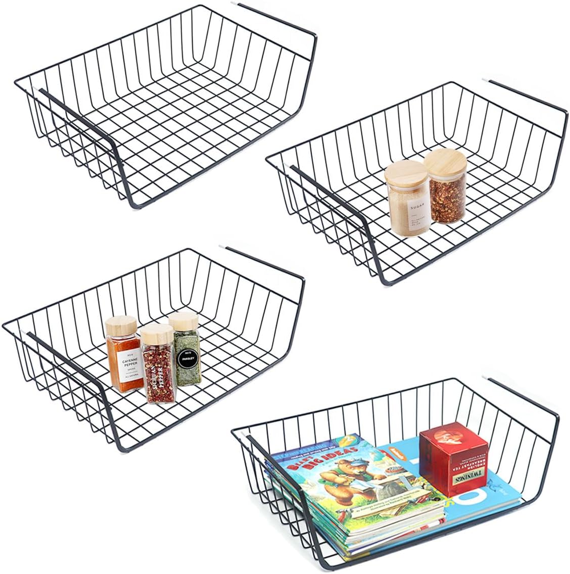 Set Mit 4 Abnehmbaren Draht-aufbewahrungskörben Zum Aufhängen Unter Einem Regal, Geeignet Für Küchen, Schränke, Regale, Kleiderschränke, Badezimmer Und Büros (schwarz)