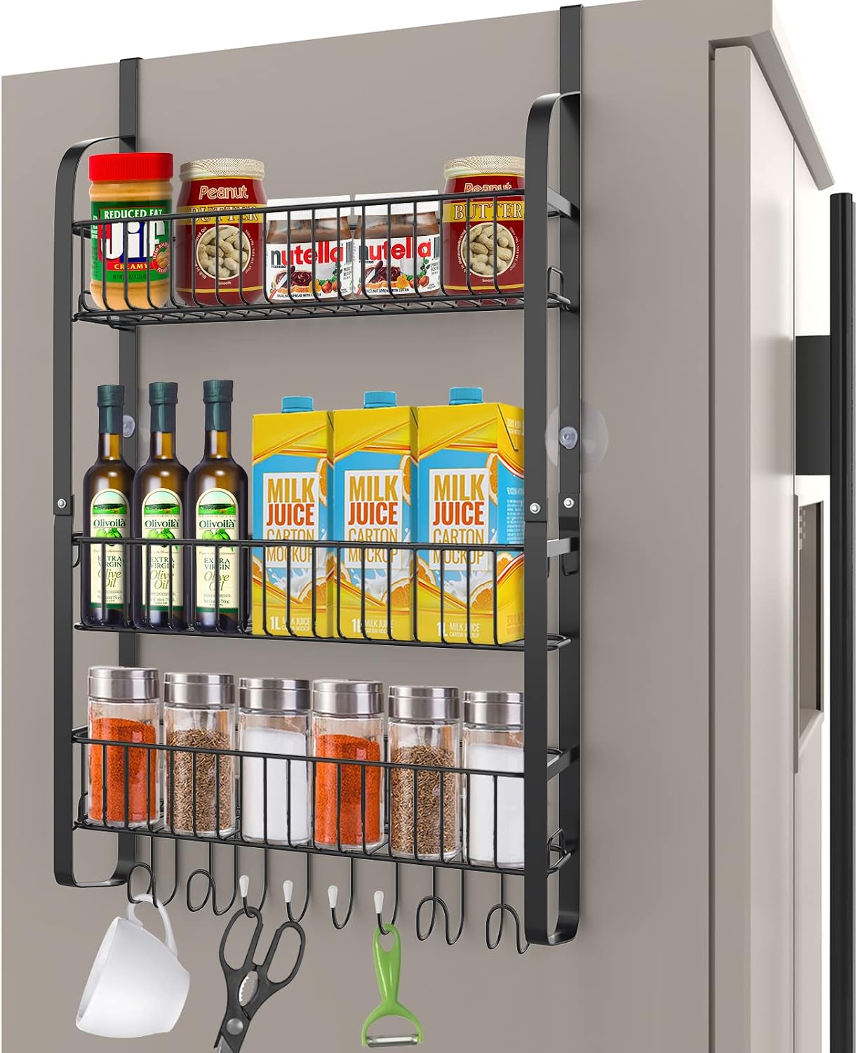 Kühlschrankablage, Gewürzregal Für Den Kühlschrank, 2-stöckiges Gewürzregal Mit 8 Haken, Multifunktionales Küchenregal Für Den Kühlschrank (ohne Bohren), Schwarz