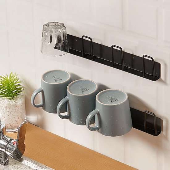 2-teiliger Wandbecherhalter, Kein Bohren Erforderlich, Kaffeetassenhaken Mit 4 Halterungen, Becherhalter Für Küche, Wohnzimmer, Büro (schwarz) (blk)