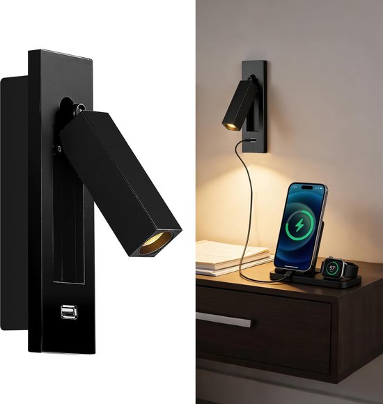 Wandmontierte Leselampe Mit Schalter Usb Anschluss Verstellbar Einbau Kopfleuchte Fürs Schlafzimmer Schwarz