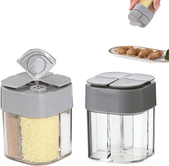 4 In 1 Gewürzbehälter Set, 2er Pack, Grau Transparent, Multifunktionales Gewürzglas Mit Vier Fächern Für Salz, Pfeffer, Kräuter Und Sesamsamen