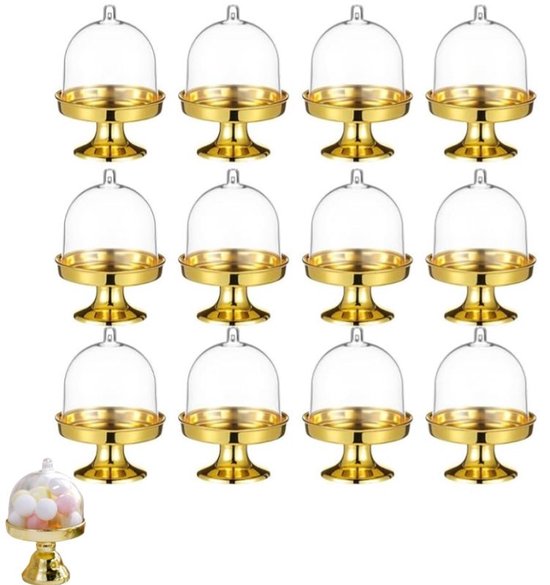 12 Teilig Mini Cupcake Ständer Aus Kunststoff Mit Gewölbtem Deckel Mini Kuchenplattenständer Goldfarbener, Transparenter Kleiner Kuchenhalter Für