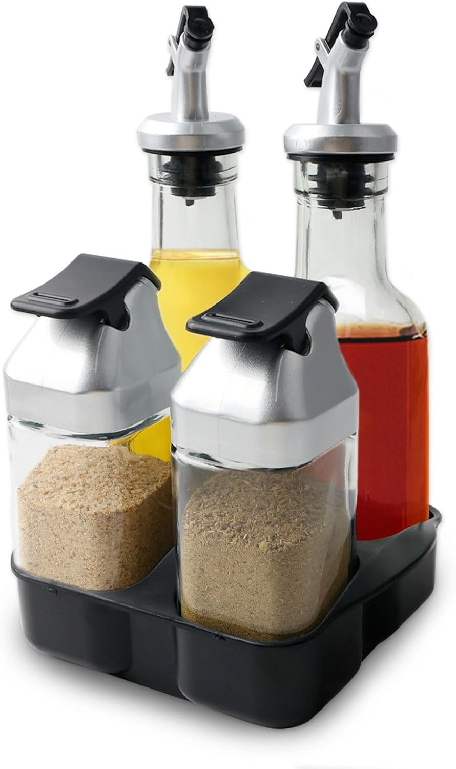Glass Salt And Pepper Shaker Set, Vinegar And Oil Bottles With Spout 2 In 1 Salzstreuer Mit Deckel Gewürzdose Mit Streulöchern Menage Set Für Essig & Öl Glasmenage Für Küche Grill Kochzubehör