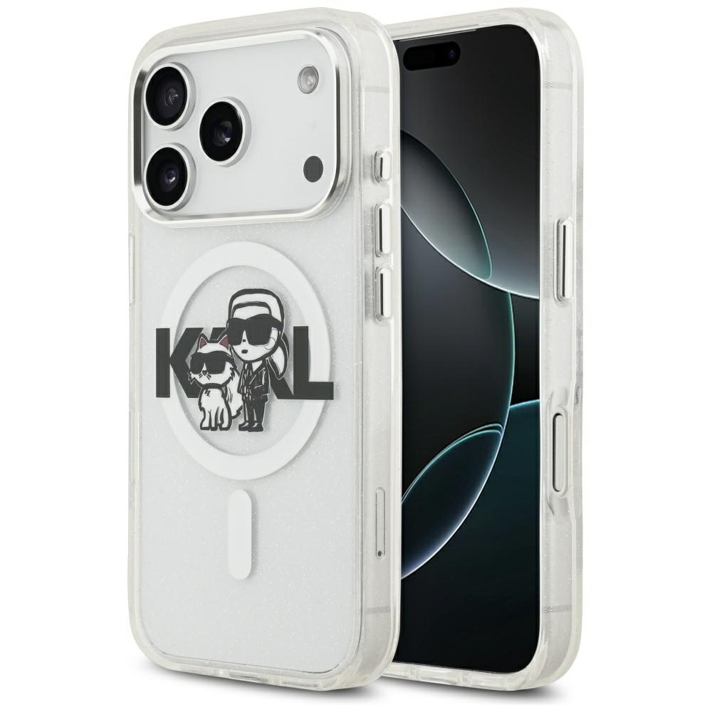 Karl Lagerfeld Iml Glitter Karl & Choupette Sketch Logo Magsafe Hülle Für Iphone 17 Pro Transparent