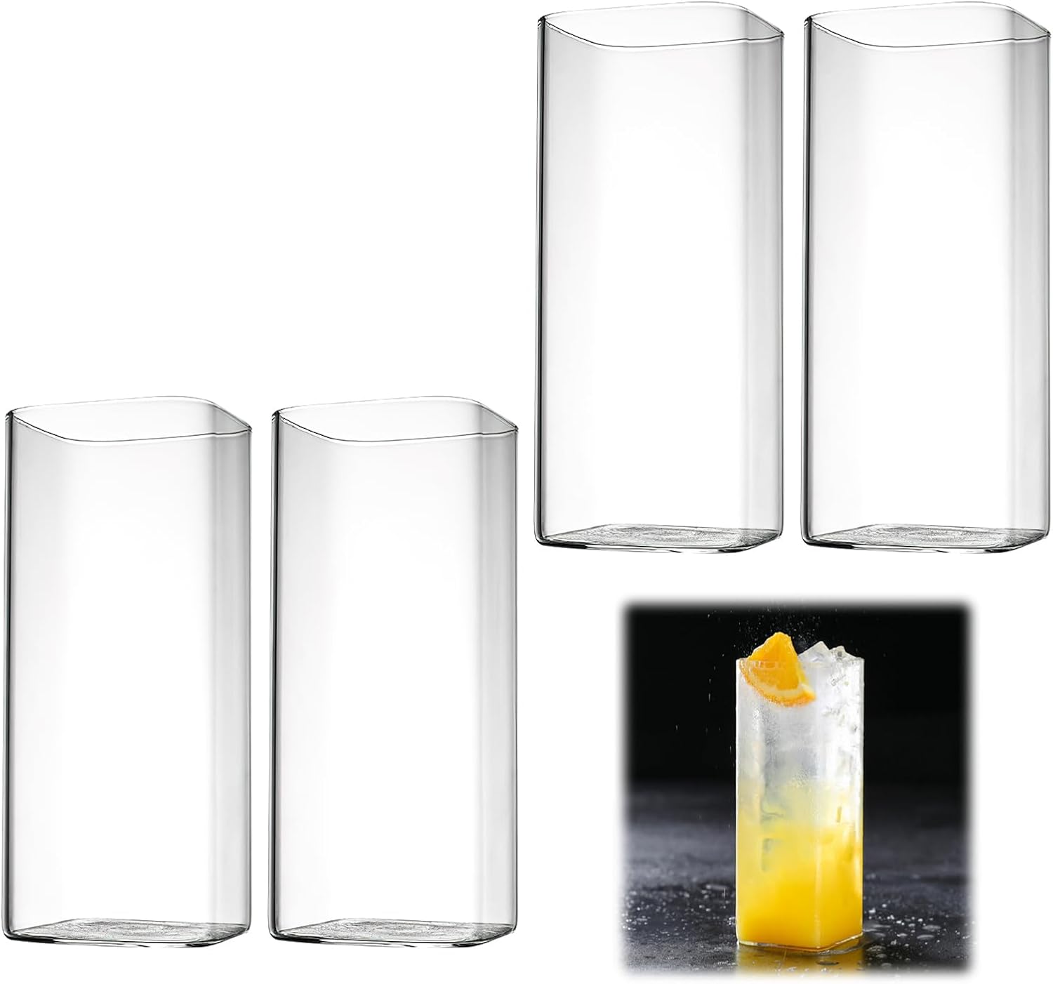 Set Mit 4 Transparenten 400-ml-wassergläsern. Elegante, Quadratische Longdrinkgläser. Geeignet Für Wasser, Saft, Bier, Cocktails, Mojitos Und Mixgetränke.