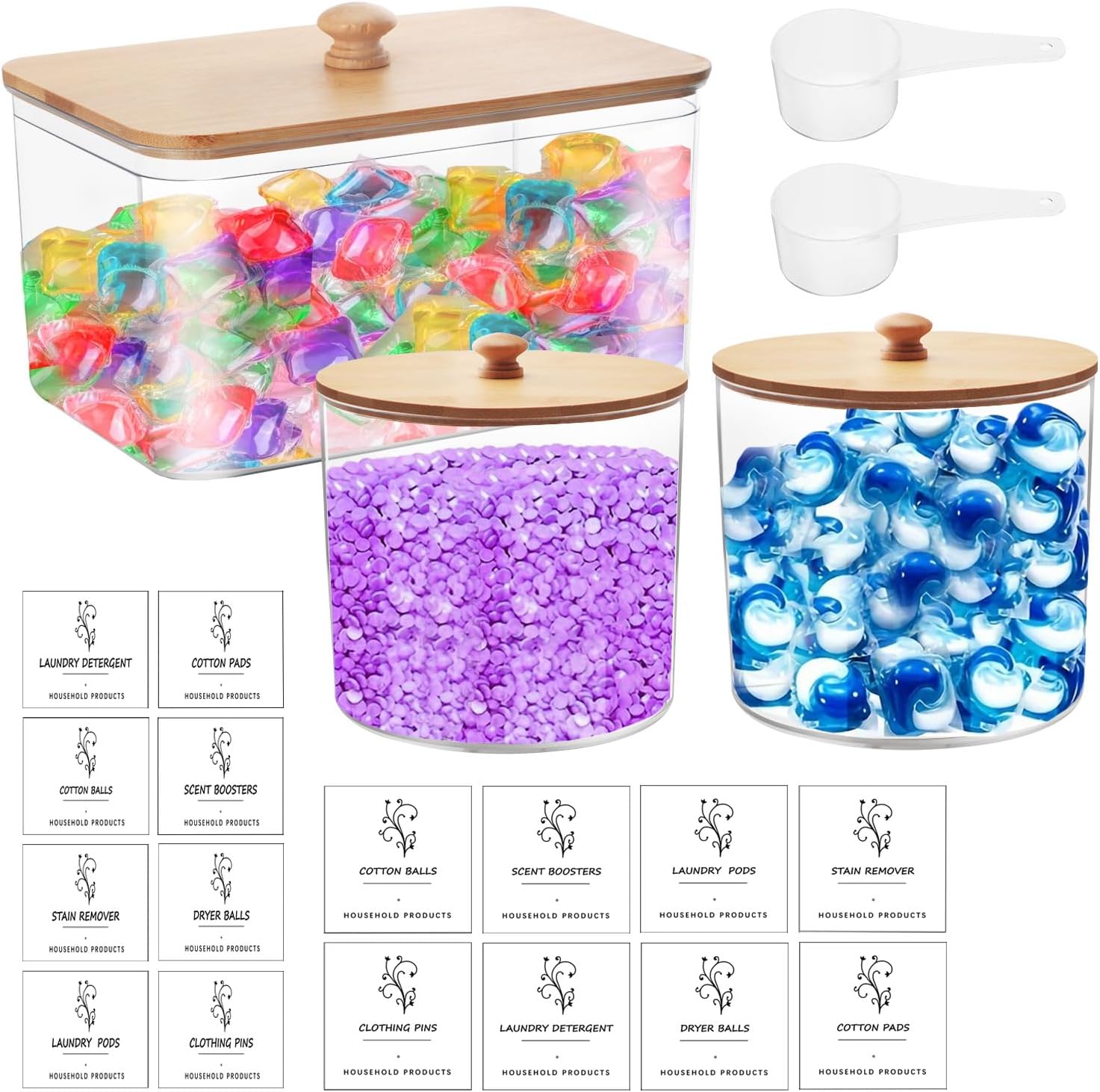 Waschmittelbox, 3er-set Waschmittelboxen Mit 2 Löffeln, Wäscheorganizer Mit Etiketten, Aufbewahrungsorganizer Für Trocknerbälle, Wäscheklammern Und Kapseln